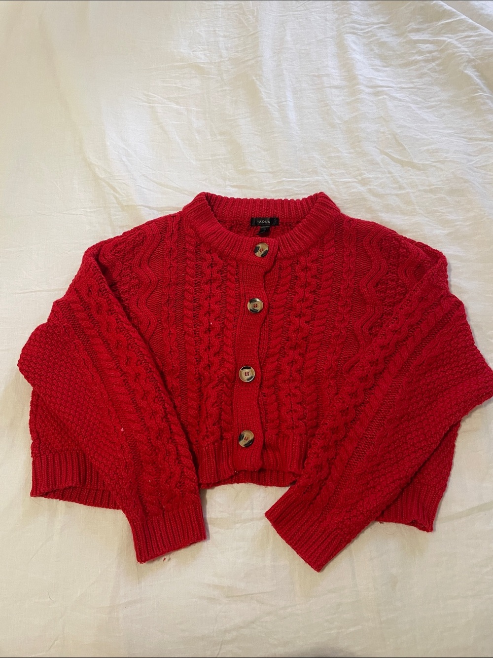 Aqua Red Cropped Cable Knit Button-Front Cardigan